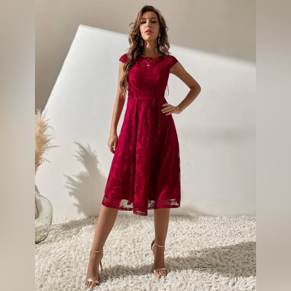 SHEIN burgundy cap sleeve butterfly dress
